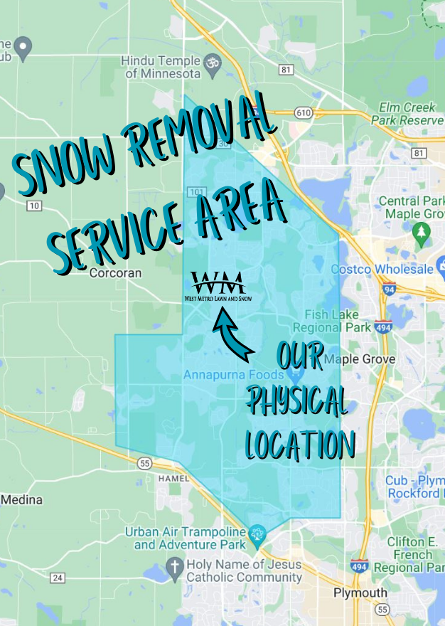West Metro Lawn & Snow - Snow removal service area map covering Maple Grove, Corcoran, Plymouth, Medina and surrounding communities